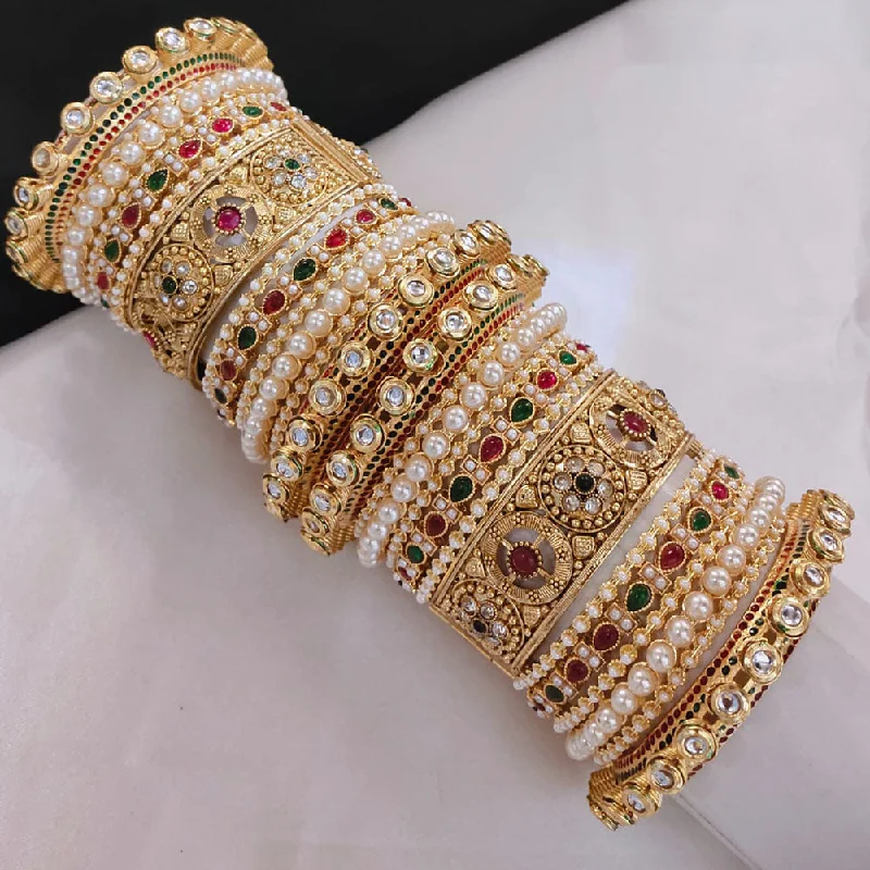 women's stretchy bracelets-Akruti Collection Gold Plated Pota Stone And Pearl Openable Bangle Set