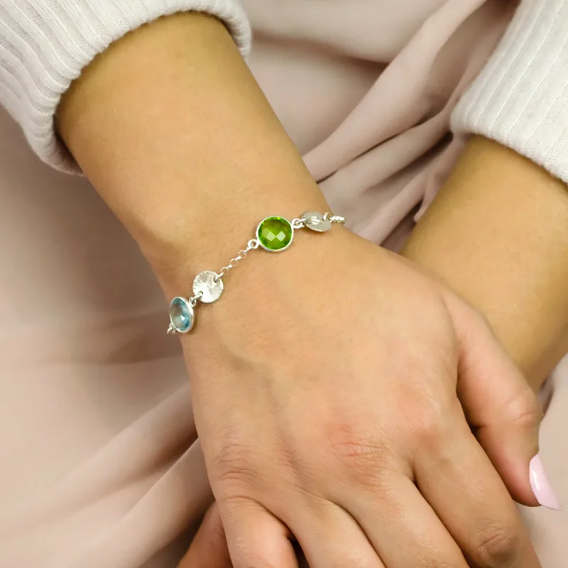 women's tennis bracelets-Mother's Charm Bracelet with Round Birthstones and Brushed Disc Initials