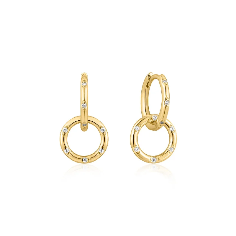 women's romantic earrings-Gold Plated Crystal Huggie Hoops with Circle Drop