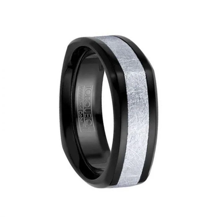 engagement rings for women-14k White Gold Wire Brushed Inlaid Polished Black Cobalt Men’s Squared Wedding Ring - 7.5mm