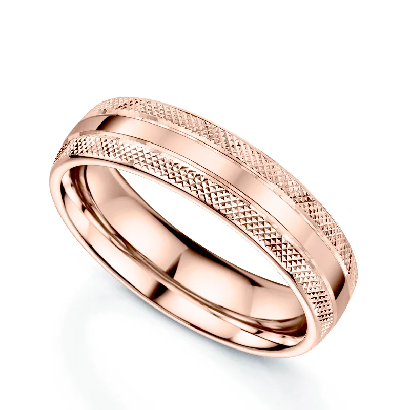 custom designed engagement rings-18ct Rose Gold Polished Criss-Cross Patterned Edge Court Shape Wedding Ring