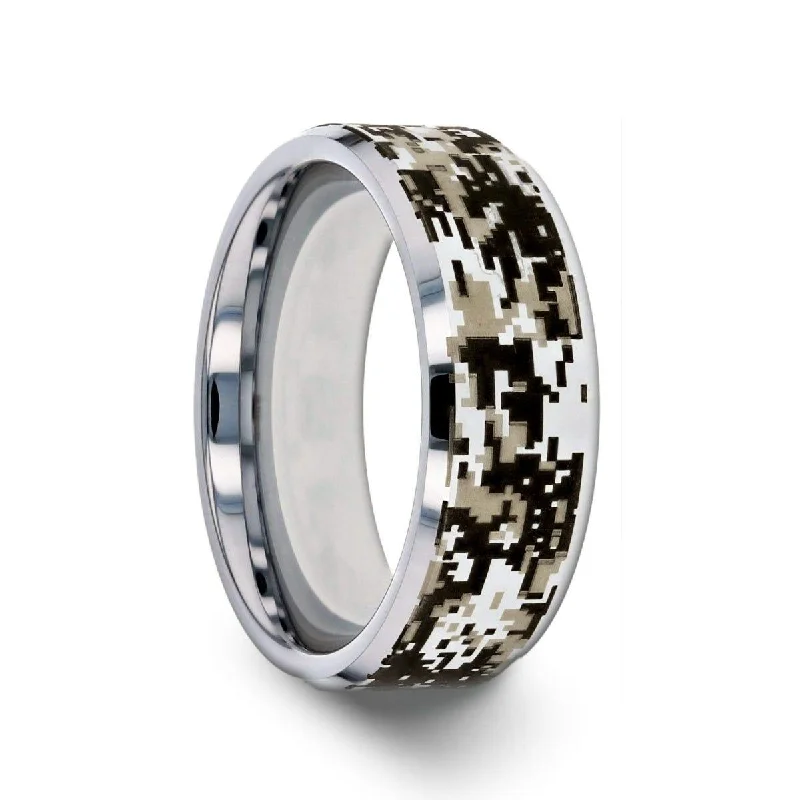 engagement rings with white diamonds-STEALTH Tungsten Carbide Wedding Ring with Engraved Digital Camouflage - 8mm