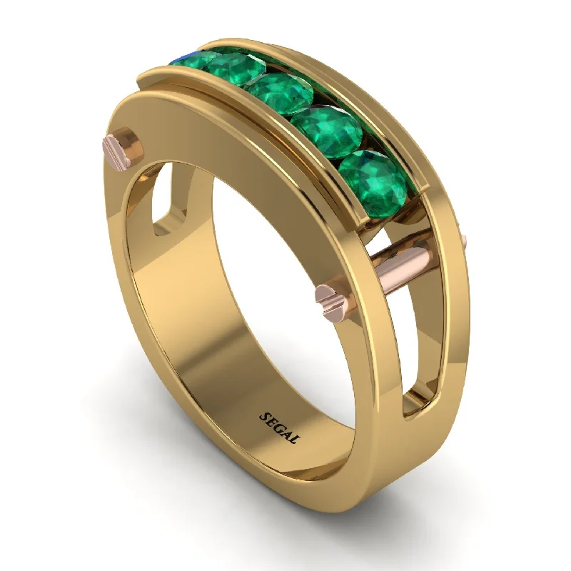 matching engagement and wedding rings-Emerald Five-Stone Classic Gold Wedding Ring - Casey No. 19