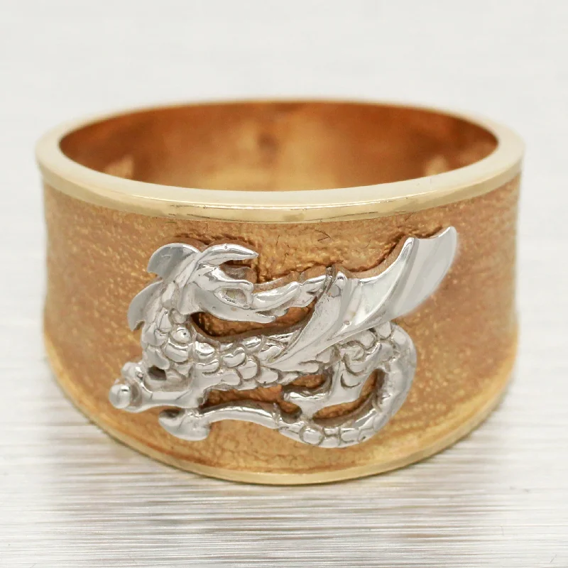 women's fashion rings-Joel McFadden Gold Dragon Ring - 14k Yellow & White Gold Band - Size 9