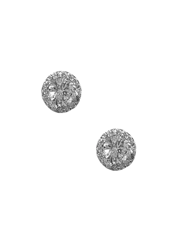 women's flower-shaped earrings-Circle Pave Studs - Silver