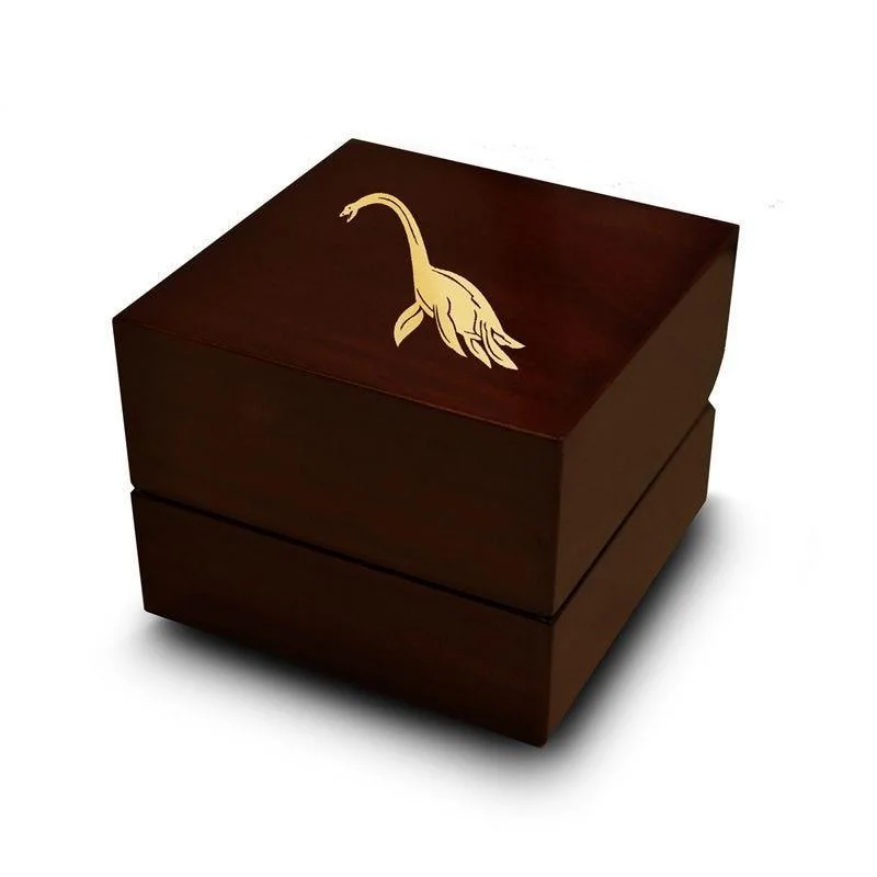 wedding engagement rings-Plesiosaurus Dinosaur Engraved Chocolate Dark Wood Personalized Wooden Wedding Ring Box