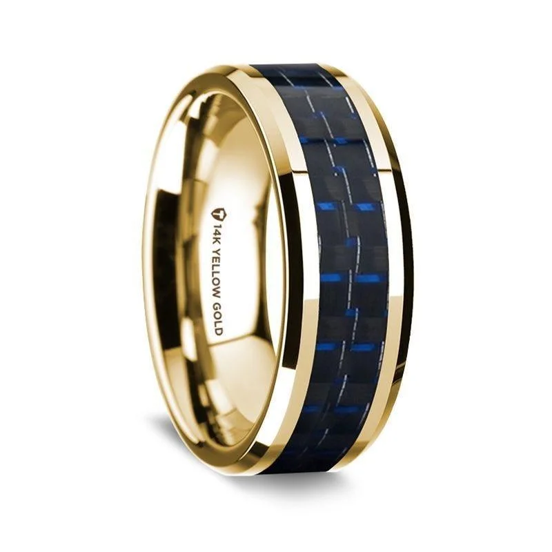 engagement rings with yellow diamonds-14K Yellow Gold Polished Beveled Edges Wedding Ring with Black and Dark Blue Carbon Fiber Inlay - 8 mm