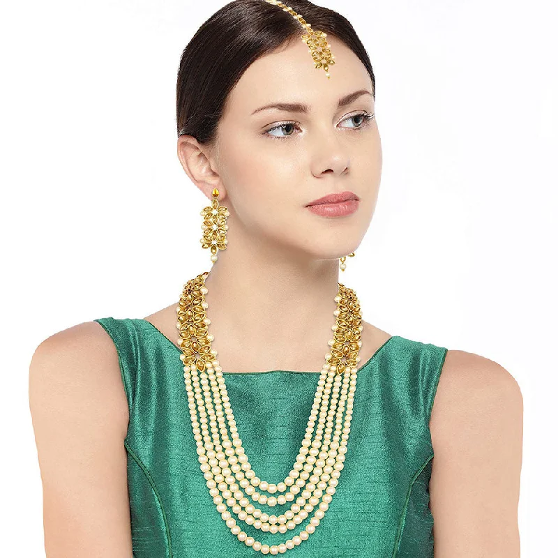 women's elegant statement necklaces-Etnico 18K Gold Plated Traditional 5 Layers Kundan & Pearl Beaded Moti Raani Haar Necklace Jewellery Set For Women (ML164FL)