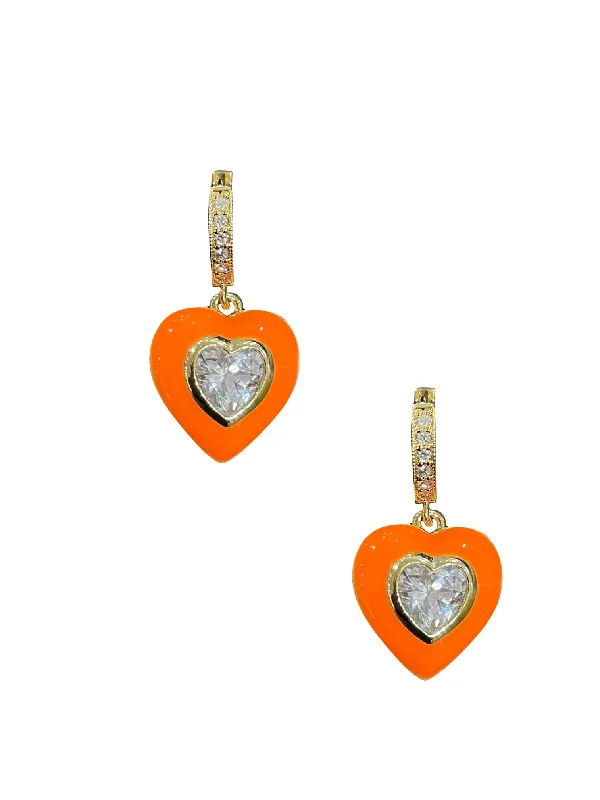 women's eco-friendly earrings-Orange Enamel Bezel Heart Huggies