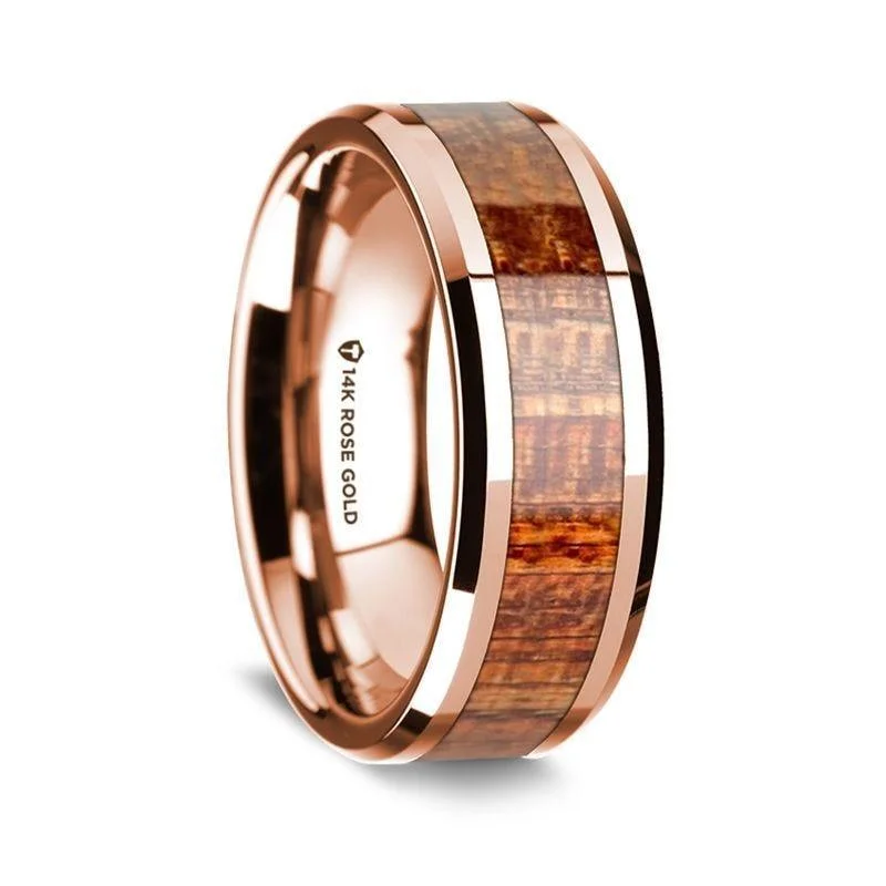 eco-friendly engagement rings-14K Rose Gold Polished Beveled Edges Wedding Ring with Mahogany Inlay - 8 mm