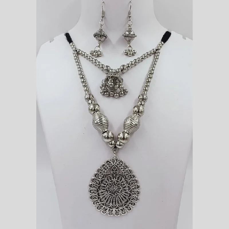 women's bohemian necklaces-Kavita Art Oxidised Plated Necklace Set