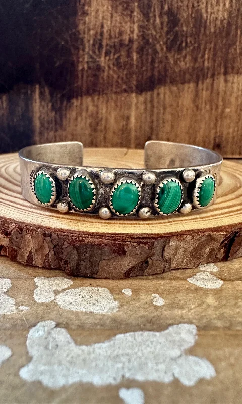 women's butterfly bracelets-STONE OF TRANSFORMATION  50s 60s Navajo Malachite & Silver Cuff