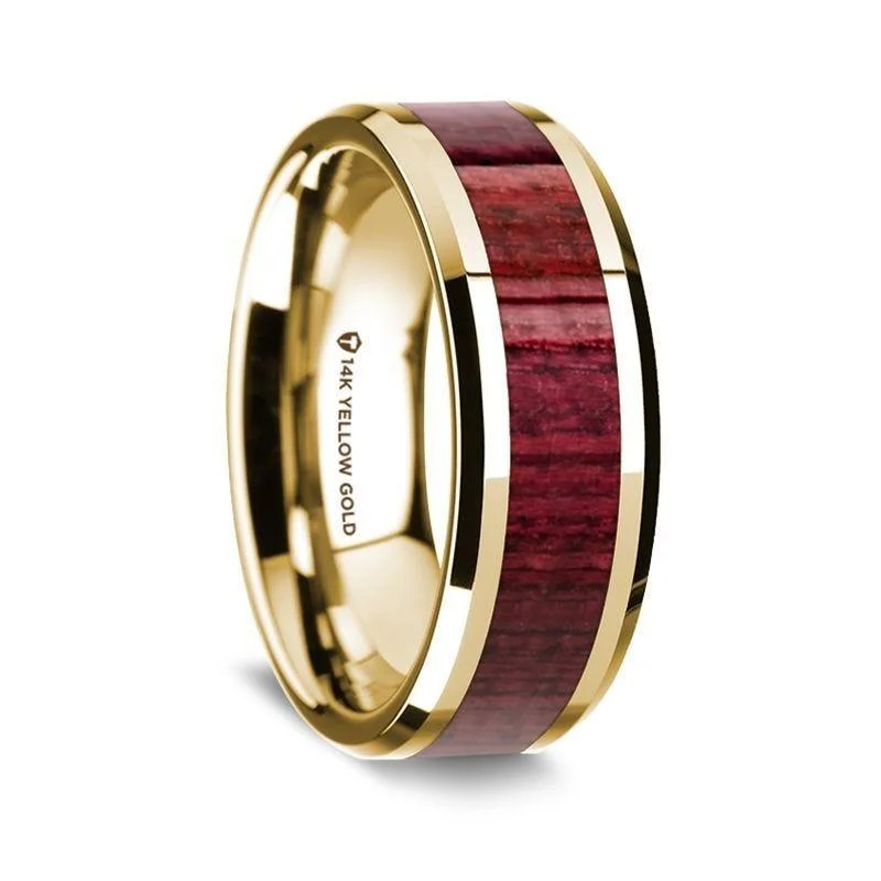 elegant diamond engagement rings-14K Yellow Gold Polished Beveled Edges Wedding Ring with Purpleheart Wood Inlay - 8 mm