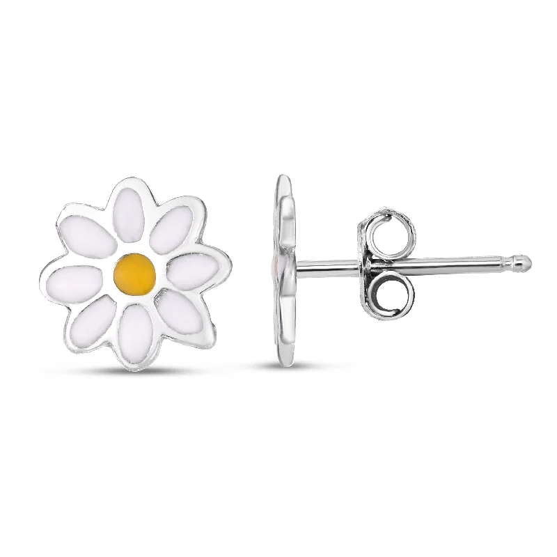 women's geometric drop earrings-Silver Enamel Daisy Studs