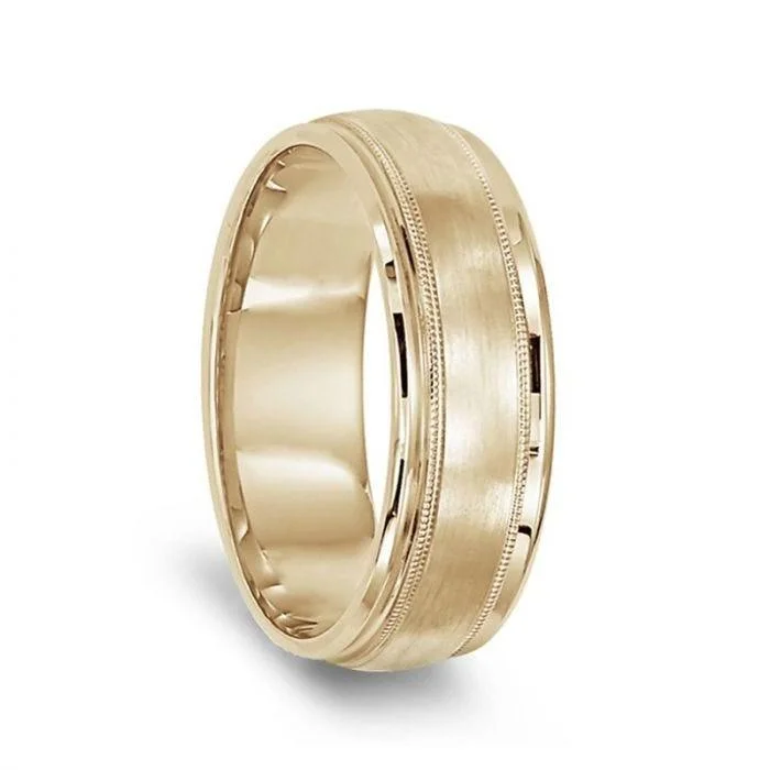 elegant engagement rings for brides-14k Yellow Gold Brushed Center Milgrain Wedding Ring with Polished Edges - 7mm