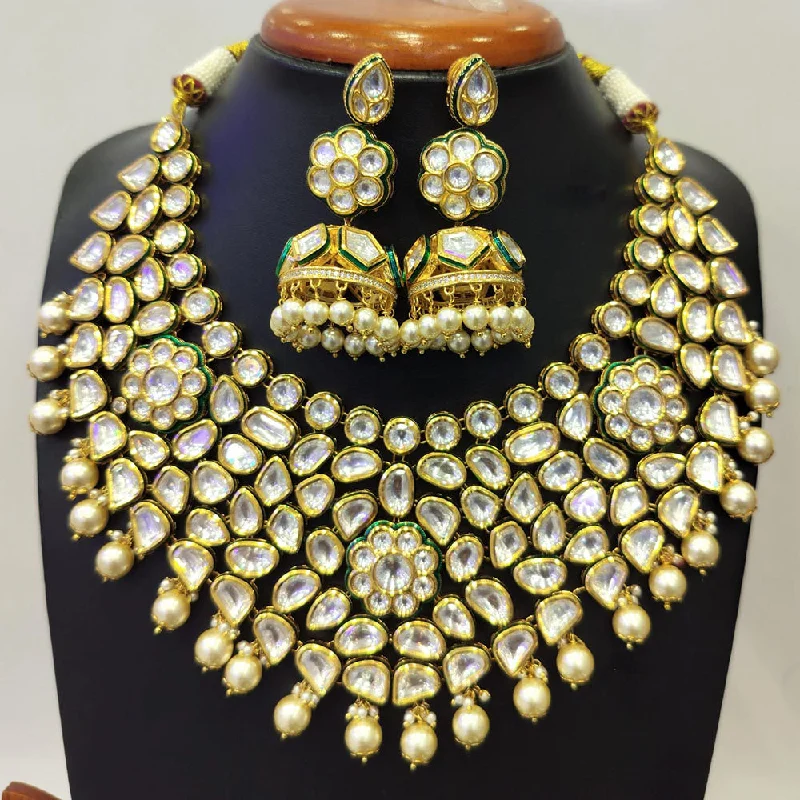 women's gemstone necklaces-Jain Jewellers Gold Plated Kundan Necklace Set