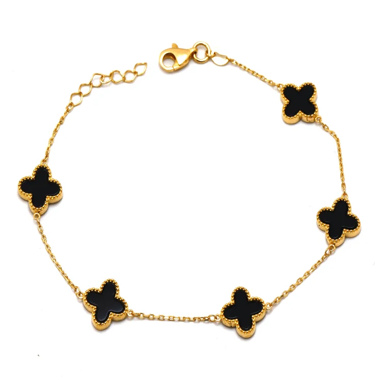 women's engraved charm bracelets-Real Gold 5 Clover Black Luxury Bracelet - Model GZJVN1936 BR1766