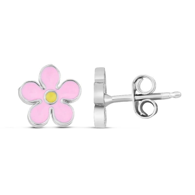 women's oversized statement earrings-Silver Enamel Pink Flower Studs