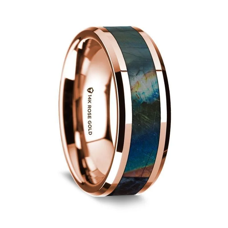 engagement rings for her-14K Rose Gold Polished Beveled Edges Wedding Ring with Spectrolite Inlay - 8 mm