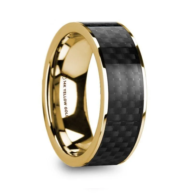 modern engagement rings with diamonds-BARUCH Polished 14k Yellow Gold Men’s Wedding Ring with Black Carbon Fiber Inlay - 8mm