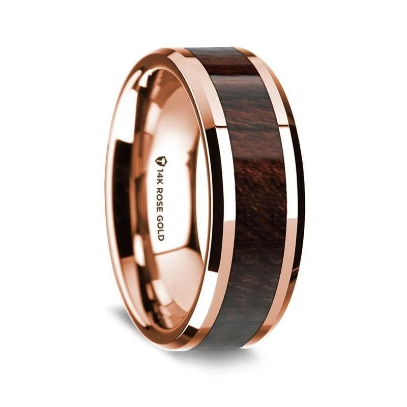 custom designed engagement rings-14K Rose Gold Polished Beveled Edges Wedding Ring with Bubinga Wood Inlay - 8 mm