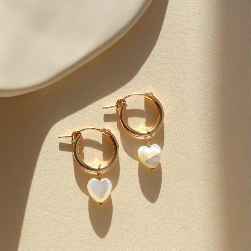 women's minimalist earrings-Mother of Pearl Heart Hoops | Wholesale