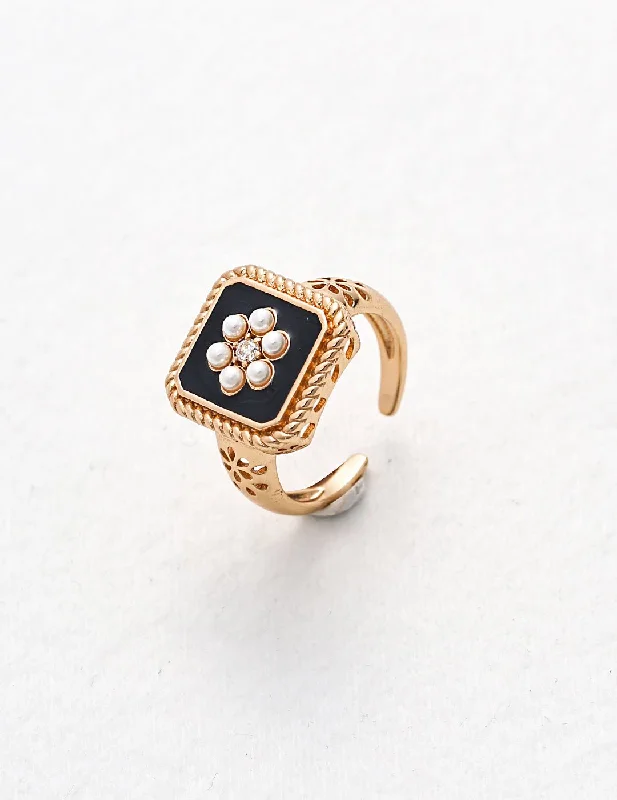 women's adjustable silver rings-Classic Chanel-inspired Vintage Square Enamel Glazed Pearl Open Ring