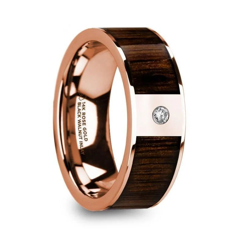 platinum solitaire engagement rings-MITROS Men’s Polished 14k Rose Gold & Black Walnut Inlay Wedding Ring with Diamond - 8mm