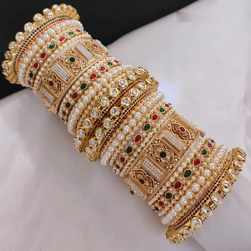 women's woven bracelets-Akruti Collection Gold Plated Pota Stone And Pearl Openable Bangle Set