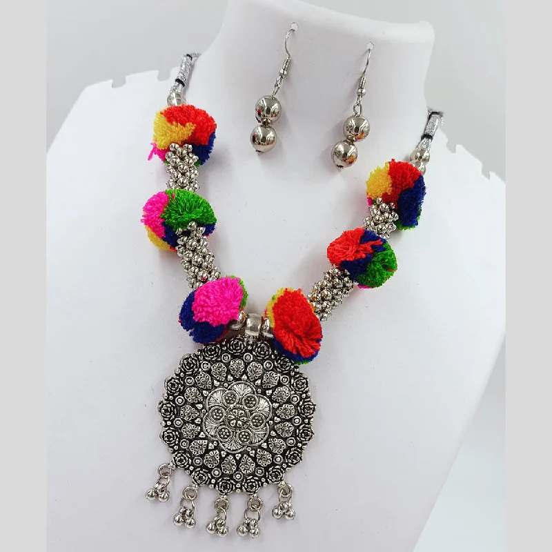 women's gold-plated necklaces-Kavita Art Oxidised Plated Navratri Special Pom Pom Necklace Set