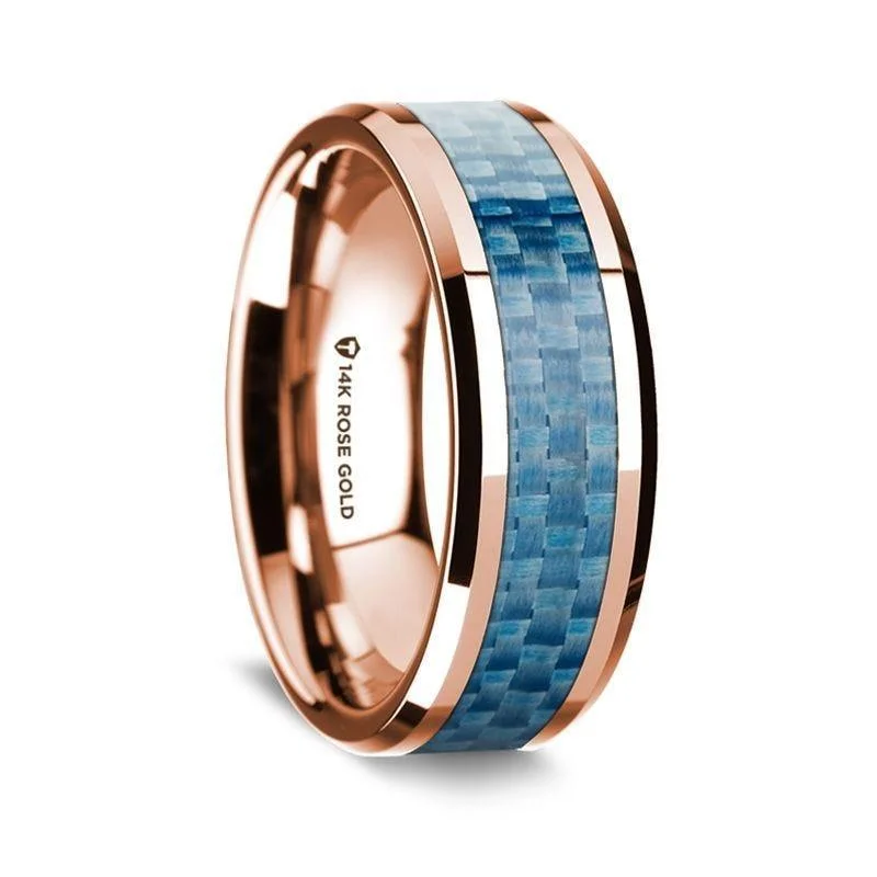 custom solitaire engagement rings-14k Rose Gold Polished Beveled Edges Wedding Ring with Blue Carbon Fiber Inlay - 8 mm