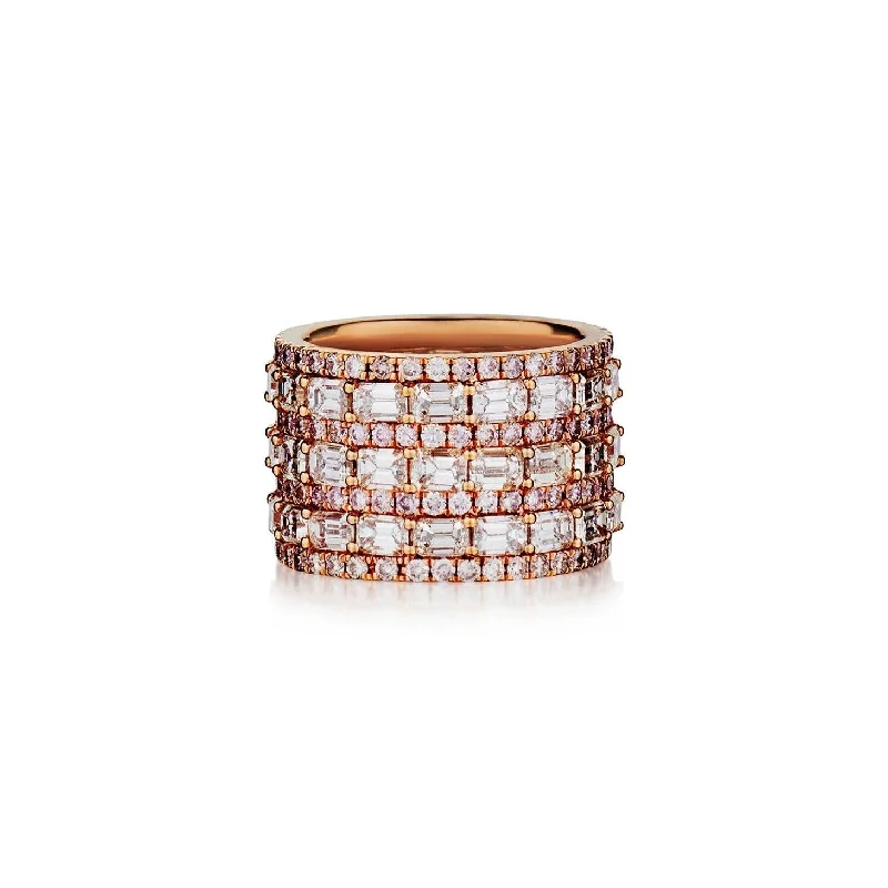 women's unique rings-EMERALD CUT AND PINK DIAMOND TRIPLE ROW BAND