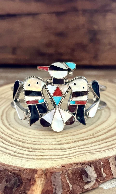 women's simple cuff bracelets-B&C SHACK Zuni Thunderbird Inlay Sterling Silver Cuff 22g