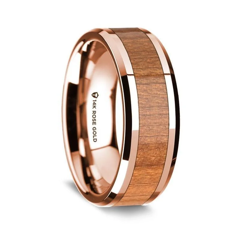 sapphire and diamond engagement rings-14K Rose Gold Polished Beveled Edges Wedding Ring with Cherry Wood Inlay - 8 mm