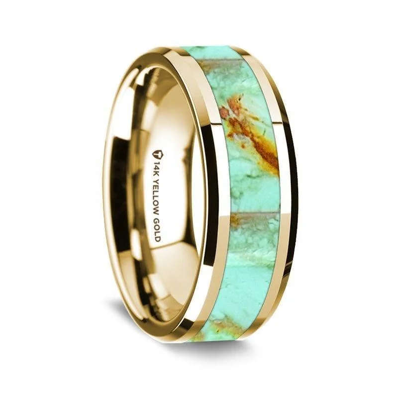 gold diamond engagement rings-14K Yellow Gold Polished Beveled Edges Wedding Ring with Turquoise Inlay - 8 mm