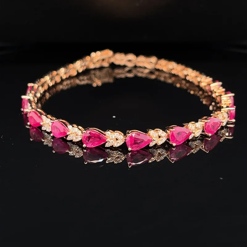 women's statement bracelets-Pear Ruby & Diamond Cluster Tennis Bracelet in 18k Rose Gold - #483 - BRRUB013797