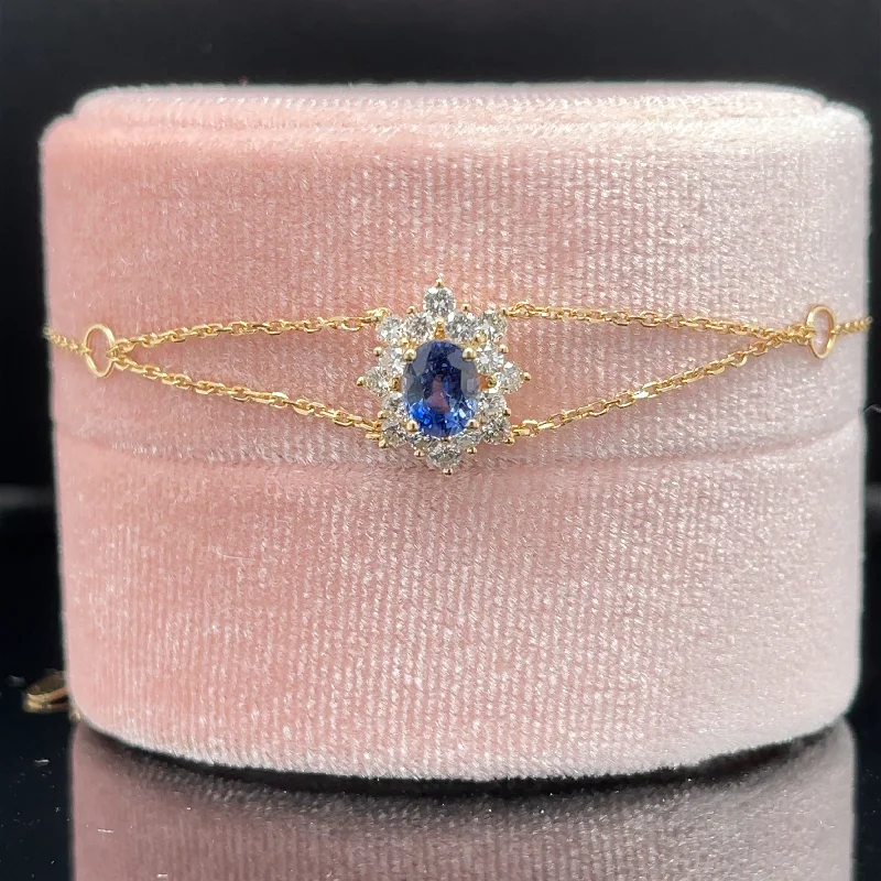 women's classic bracelets-Oval Blue Sapphire & Diamond Cluster 1.25ctw Delicate Trapeze Bracelet in 18k Yellow Gold - #317 - BRSAP021801