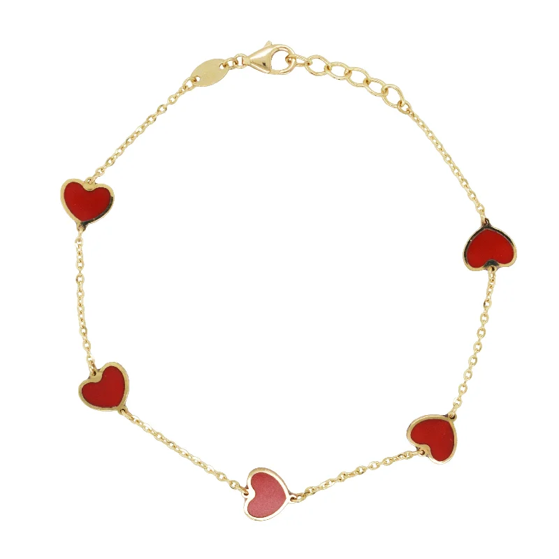 women's adjustable bangle bracelets-14K Gold Station Heart Coral Bracelet