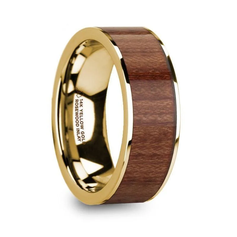 emerald engagement rings-TELAMON Polished 14k Yellow Gold Men’s Flat Wedding Ring with Rosewood Inlay - 8mm