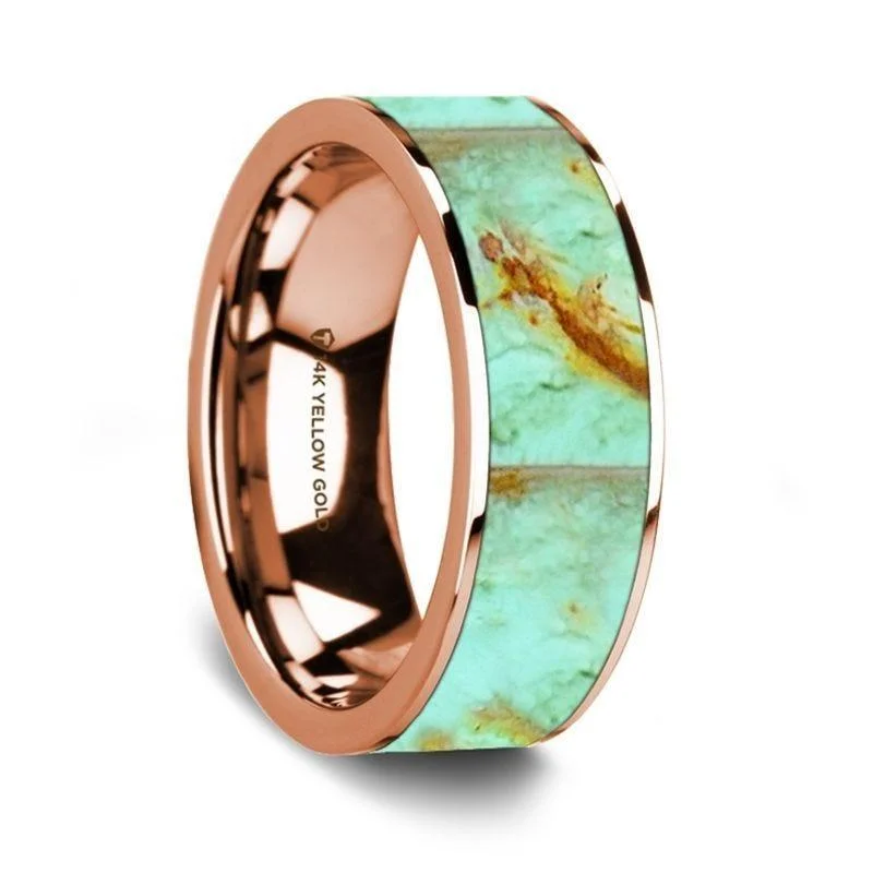 engagement rings for women-Flat Polished 14K Rose Gold Wedding Ring with Turquoise Inlay - 8 mm