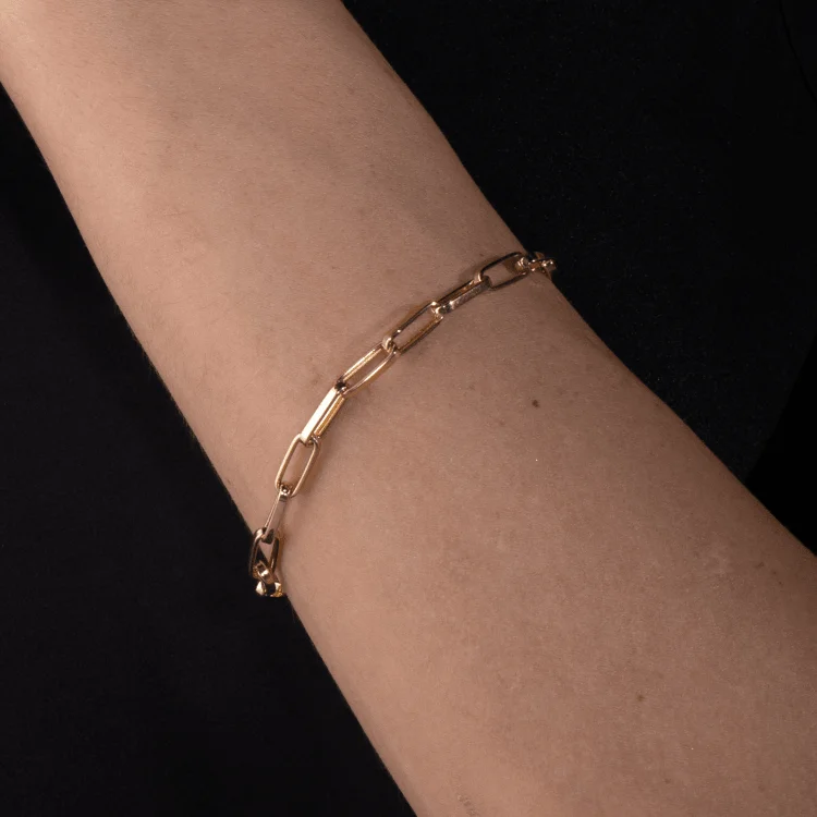 women's cuff bracelets-Real Gold Thick Link Paper Clip Solid Chain Bracelet CVB498 (17 C.M) BR1555