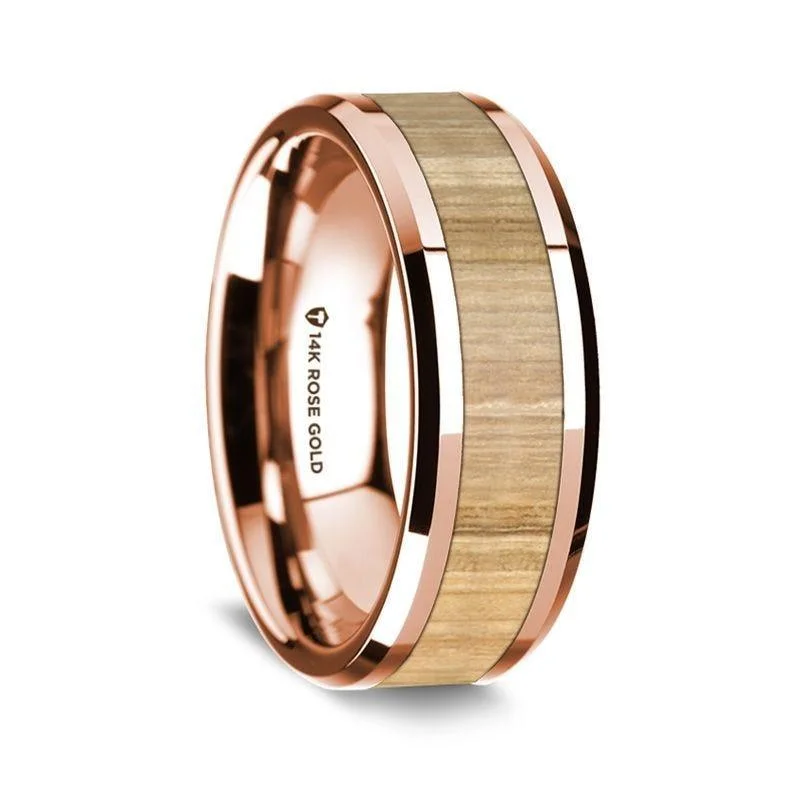 engagement rings with platinum bands-14K Rose Gold Polished Beveled Edges Wedding Ring with Ash Wood Inlay - 8 mm