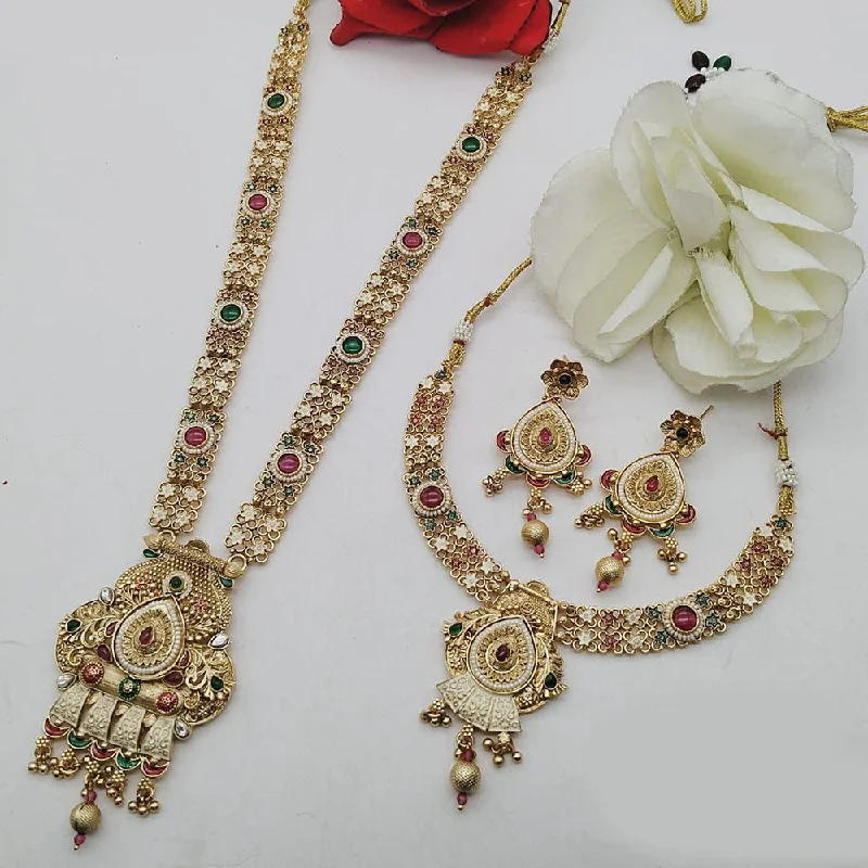 women's nature-inspired necklaces-FS Collection Gold Plated Pota Stone Double Meenakari Necklace Set