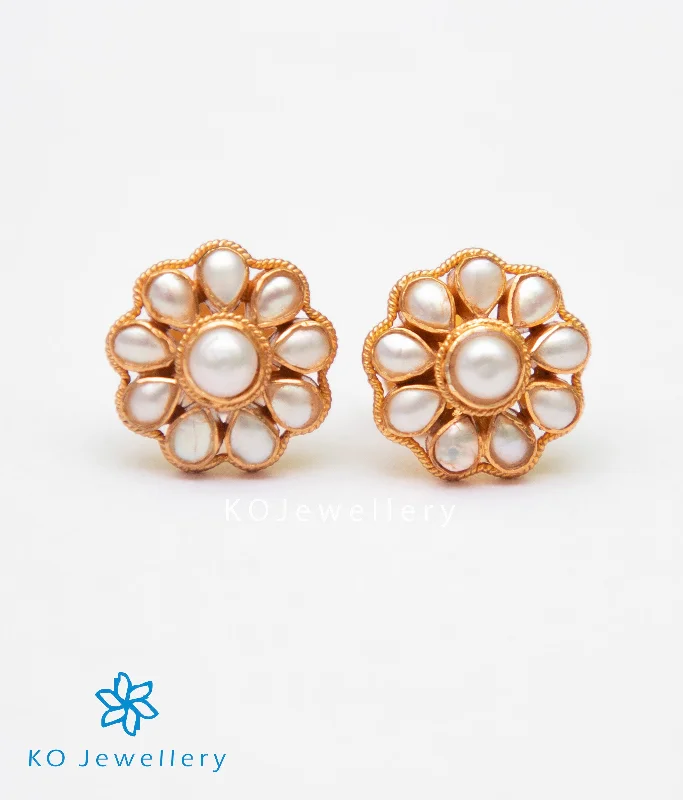 women's delicate earrings-The Vedya Silver Kempu Ear-Studs(Pearl)