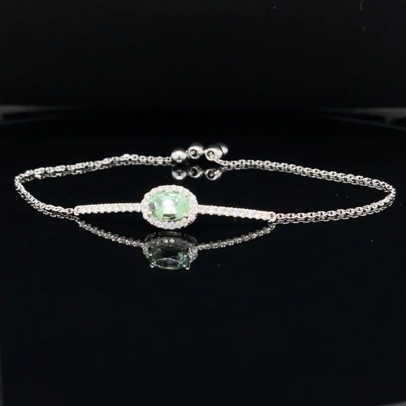 women's birthstone bracelets-Green Tourmaline & Diamond 1.06ctw Vintage Halo Bolo Bracelet in 18k White Gold, 7” - #314 - BRTOM000030