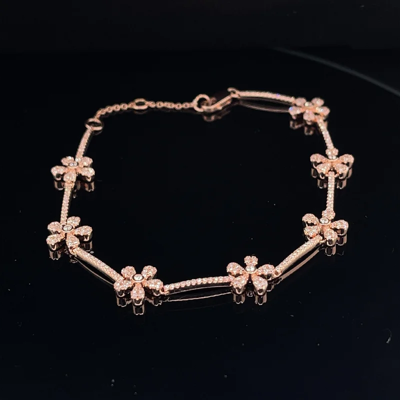 women's silver-plated bracelets-Daisy Diamond Station Tennis Bracelet in 14k Rose Gold - (#147 - KVBR00046-011)