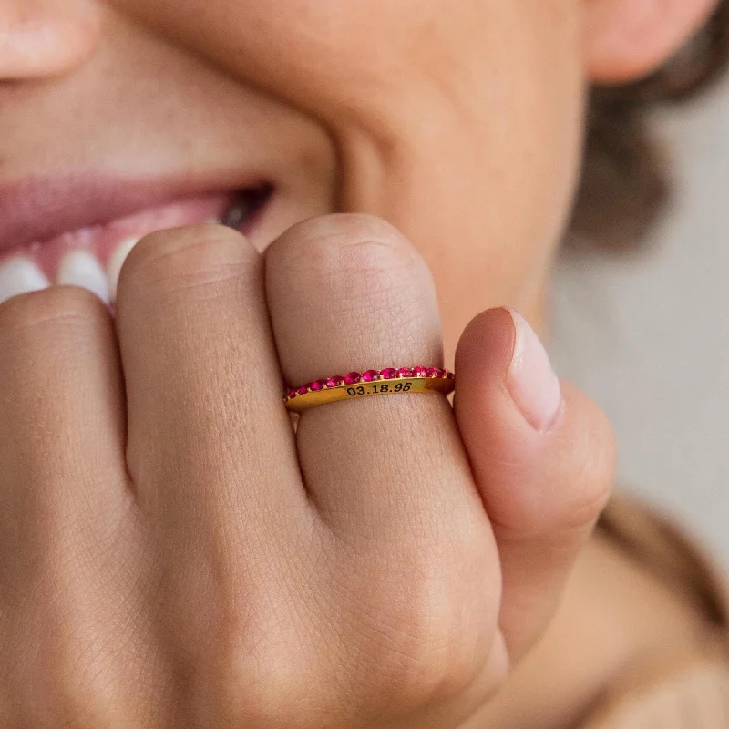 women's silver wedding rings-Engraved Birthstone Eternity Ring