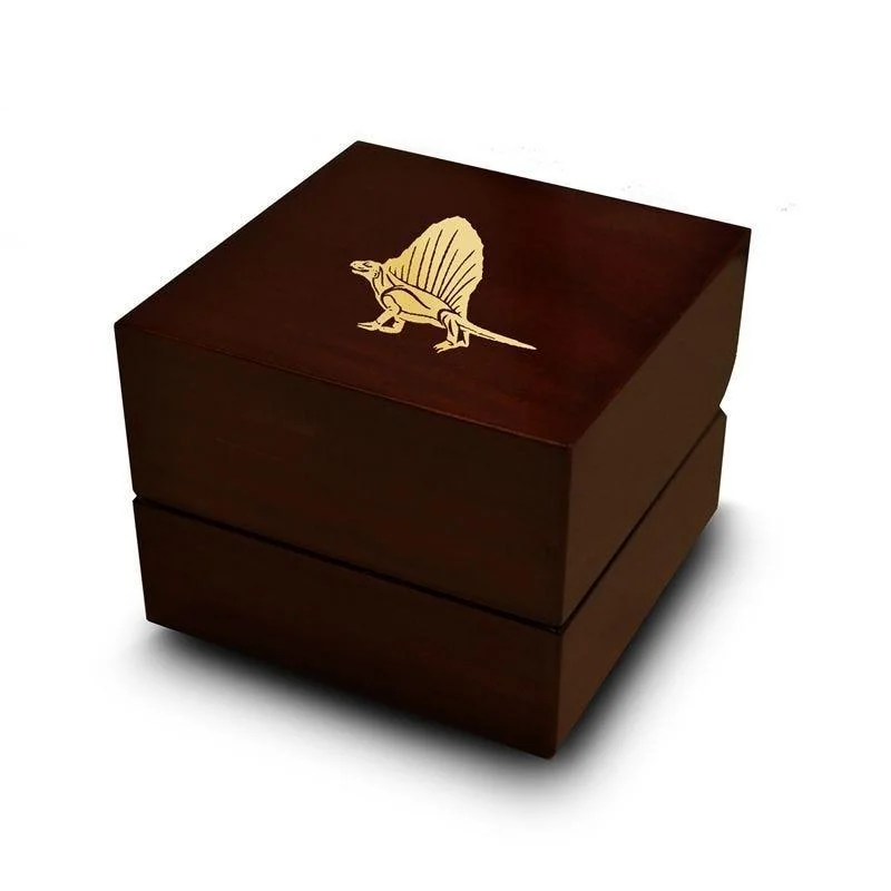 affordable diamond engagement rings-Dimetrodon Dinosaur Engraved Chocolate Dark Wood Personalized Wooden Wedding Ring Box