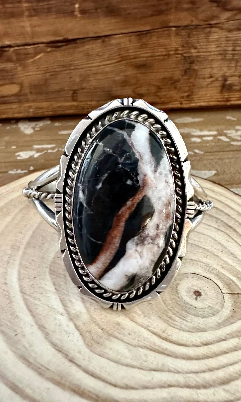 women's boho-style bracelets-EDDIE SECATERO Navajo White Buffalo Turquoise Sterling Silver Cuff 64g