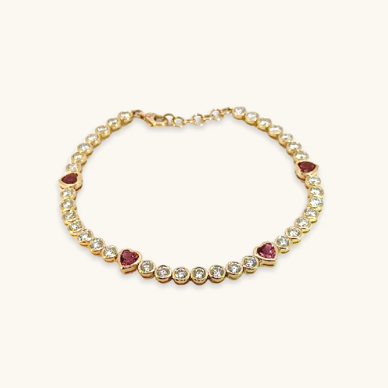 women's birthstone charm bangles-Diamond and Pink Heart Tennis Bracelet